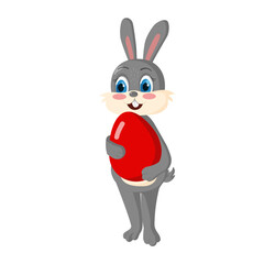 A cute bunny is holding an Easter red egg. Easter holiday concept for banner, app. Symbol of the new year. Chinese calendar for 2023. Rabbit 2023 new year
