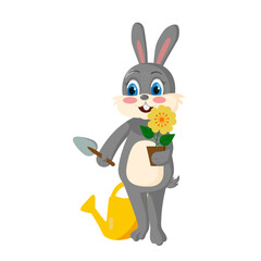 A cute bunny takes care of nature, plants flowers. The concept of garden spring work. Symbol of the new year. Chinese calendar for 2023. Rabbit 2023 new year