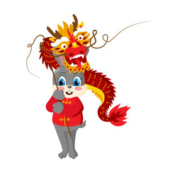 A cute hare is holding a dancing dragon. Symbol of the new year. Chinese New Year 2022. Cartoon animal perfect for Happy New Year greeting card, banners, app.