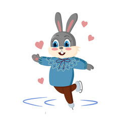 Cute hare ice skating in a stylish blue sweater. Symbol of the new year. Chinese 2023 new year. Ice skating character perfect for Happy New Year greeting card.