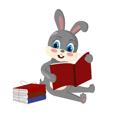 Cute bunny with an open book and a stack of books. Illustrations for the beginning of the school year. Symbol of the new year. Chinese calendar for 2023. hare 2023 new year
