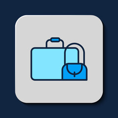 Filled outline Suitcase for travel icon isolated on blue background. Traveling baggage sign. Travel luggage icon. Vector