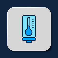 Filled outline Meteorology thermometer measuring heat and cold icon isolated on blue background. Thermometer equipment showing hot or cold weather. Vector