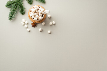 Winter inspiration concept. Top view photo of cup of hot drinking scattered marshmallow and pine branch on isolated grey background with copyspace