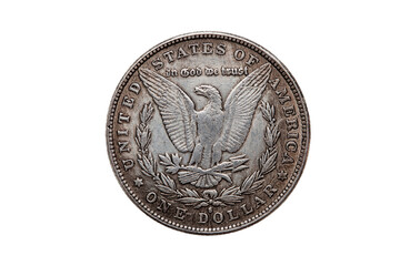 USA One Dollar Morgan Silver Coin replica dated 1880 with an image of a spread eagle on the reverse, png stock photo file cut out and isolated on a transparent background
