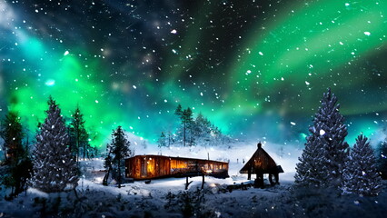  Aurora Borealis starry nighty sky snow fall wooden cabin with light in windows on snowy forest winter nature lanscape