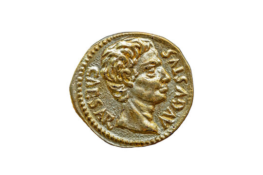 Roman gold aureus replica coin obverse of Roman Emperor Augustus 27BC-14AD, png stock photo file cut out and isolated on a transparent background