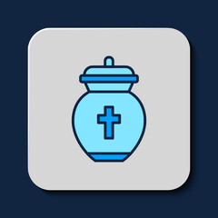 Filled outline Funeral urn icon isolated on blue background. Cremation and burial containers, columbarium vases, jars and pots with ashes. Vector