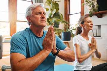 Meditation, home and senior zen couple meditate for body wellness, freedom or mindset peace on...