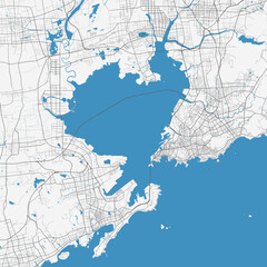 Qingdao map. Detailed map of Qingdao city administrative area. Cityscape panorama illustration. Road map with highways, streets, rivers.