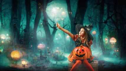  Little Sweet Magic witch girl conjures on white isolated background on halloween