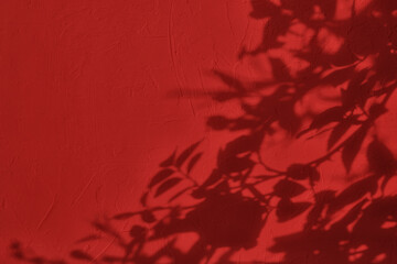 Shadow of leaves on dark red concrete wall texture with roughness and irregularities. Abstract trendy colored nature concept background. Copy space for text overlay, poster mockup flat lay 