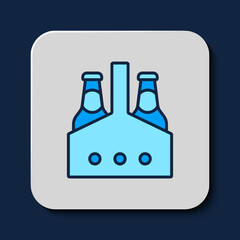 Filled outline Pack of beer bottles icon isolated on blue background. Case crate beer box sign. Vector