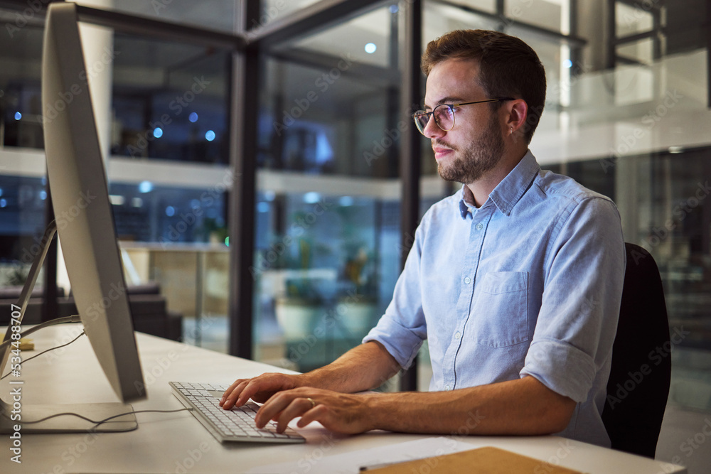 Poster Businessman, computer and night office work for digital programmer, cybersecurity and software design. Thinking web design engineer, developer and worker with technology for ux seo or database coding