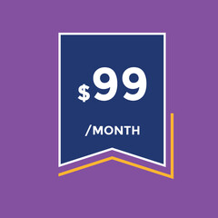 $99 USD Dollar Month sale promotion Banner. Special offer, 99 dollar month price tag, shop now button. Business or shopping promotion marketing concept
