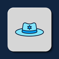 Filled outline Sheriff hat with badge icon isolated on blue background. Vector