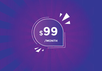 $99 USD Dollar Month sale promotion Banner. Special offer, 99 dollar month price tag, shop now button. Business or shopping promotion marketing concept
