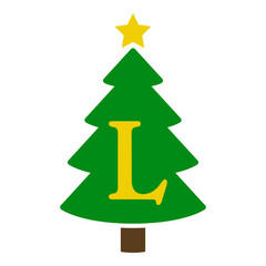Logo con letra inicial L en silueta de árbol de navidad abstracto con estrella. Icono plano aislado