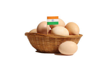 Basket of Farm Fresh Eggs With Flag of India Isolated on White Background