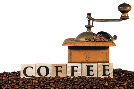 Old manual coffee grinder with roasted coffee beans and the text Coffee made of wooden blocks, isolated on transparent background, photography, png.