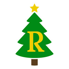 Logo con letra inicial R en silueta de árbol de navidad abstracto con estrella. Icono plano aislado
