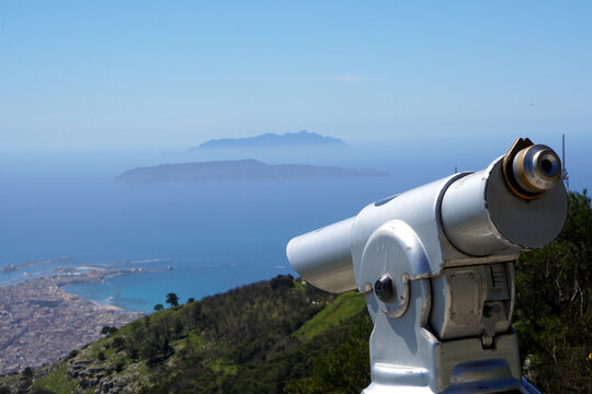 spyglass in Erice for panoramic view of the Trapani Bay in Sicily                             