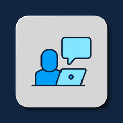 Filled outline Freelancer icon isolated on blue background. Freelancer man working on laptop at his house. Online working, distant job concept. Vector