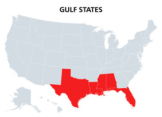 Fototapeta premium Gulf states of the United States, political map. Also known as Gulf South. Coastline along the Southern US, where the states Texas, Louisiana, Mississippi, Alabama and Florida meet the Gulf of Mexico.