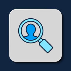 Filled outline Magnifying glass for search a people icon isolated on blue background. Recruitment or selection. Search for employees and job. Vector