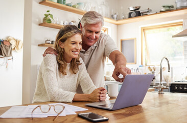 Happy pension couple with laptop and paperwork for retirement planning, online ecommerce website or...