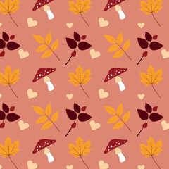 Fototapeta na wymiar Vector cartoon pattern on a pink background with autumn leaves and forest mushrooms. Good for textiles, printing and digital objects