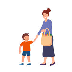 Mother and son holding hands walking together in flat design on white background.