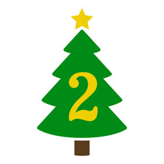 Logo con número 2 en silueta de árbol de navidad abstracto con estrella. Icono plano aislado