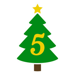 Logo con número 5 en silueta de árbol de navidad abstracto con estrella. Icono plano aislado