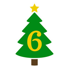 Logo con número 6 en silueta de árbol de navidad abstracto con estrella. Icono plano aislado