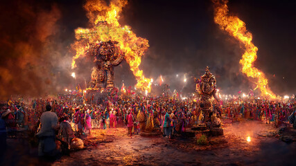 AI generated image of Ravan Dahan. Effigies of demon king Ravan are burned on Vijayadashami during the festival of Dussehra to symbolize victory of good over evil
