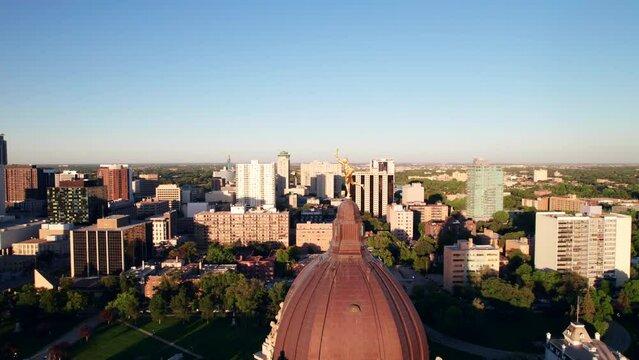 The Golden Boy, close-up drone shot, Winnipeg, Canada.