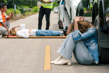 Drunk driver woman in shock and feeling depress when car had accident with young female victim...