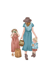 Hand drawn illustration of a young mother walking with her children in the apple garden