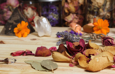 Obraz na płótnie Canvas Rose Petals and Dried Lavender With Crystals and Petrified Wood