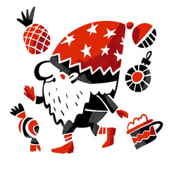 Christmas gnome with sweets, ornaments. Xmas elf