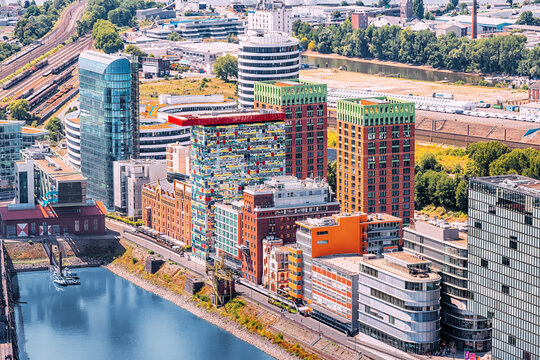 23 July 2022, Dusseldorf, Germany: Aerial view of Contemporary and popular post industrial hipster district is Media Bay. Now built up with hotels, in the past - a busy port
