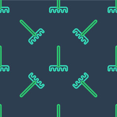 Line Garden rake icon isolated seamless pattern on blue background. Tool for horticulture, agriculture, farming. Ground cultivator. Housekeeping equipment. Vector