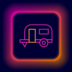 Glowing neon line Rv Camping trailer icon isolated on black background. Travel mobile home, caravan, home camper for travel. Colorful outline concept. Vector