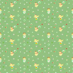 Christmas and New Year seamless pattern with cute cartoon cats on green background. Vector holiday winter background concept.