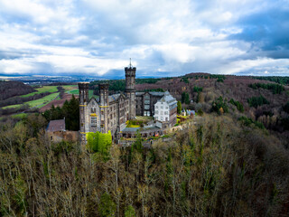 Fototapeta premium Aerial view, Schaumburg Castle, Balduinstein, Limburg an der Lahn region, Westerwald, Rhineland-Palatinate, Germany