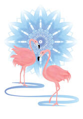 Print couple of pink flamingos on blue mandala background. Tropical print for t-shirts, holiday, greeting card.