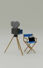 3d illustration, cinematographic equipment, chair, camera, clapperboard, gray background, 3d rendering.