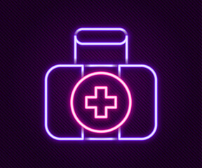 Glowing neon line First aid kit icon isolated on black background. Medical box with cross. Medical equipment for emergency. Healthcare concept. Colorful outline concept. Vector