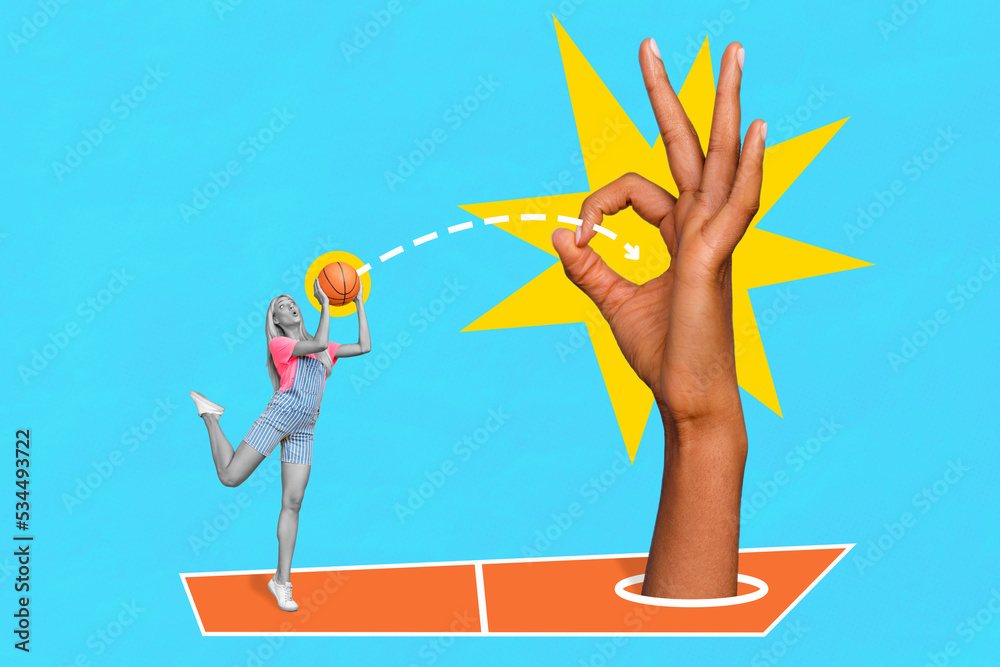 Poster Photo artwork minimal picture of sporty lady throwing ball okey arm basket isolated drawing background